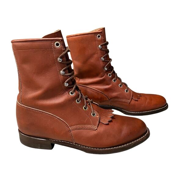 VTG Justin Roper Boots Women's 7B Brown Leather Lace Up Tassle Vibram Sole USA - Picture 6 of 10